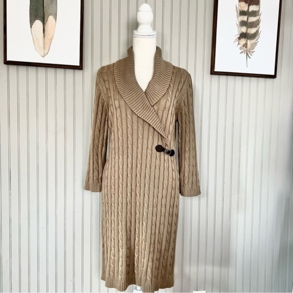 Calvin Klein Cable Knit Shawl Neck Sweater Buckle Trim Midi Dress Taupe Brown - Picture 1 of 9